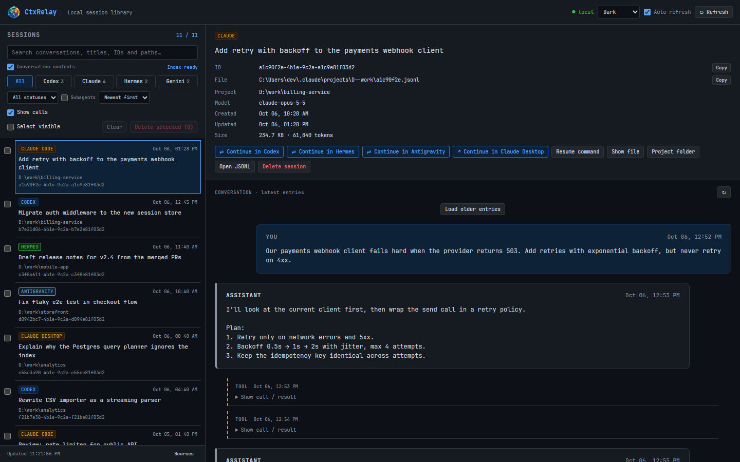 Session library with a Claude conversation open